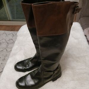 AEROSOLES Black and Brown Buckle Accents Tall Riding Boots